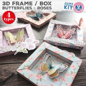 Journal indésirable, cadres 3D, ornement de boîte, superposition de motifs papillon, travaux manuels, décoration, idée cadeau, papillon rose vintage, téléchargement numérique