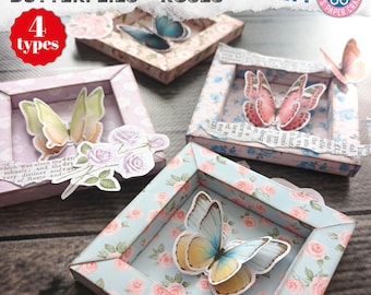 May include: Four 3D paper frames with butterflies and roses. The frames are made of paper and have a vintage look. The butterflies are in different colors and the roses are in shades of pink and white. The frames are labeled "Junk Journal Kit" and "Arts Paper Crafts".