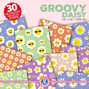 Ensemble de papiers numériques Groovy Daisy - fond Daisy - motif sans couture de visages souriants - téléchargement immédiat - papier de scrapbooking rétro Daisy