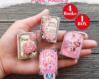 Pink Pages, Mini Books, Printable Book, Miniature, Junk Journal, Flower, Digital Download, Ornament, Gift, Tag, Book Box, Craft Kit, Floral
