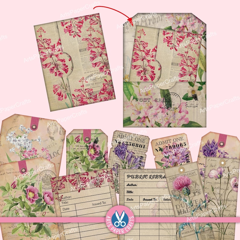 Pocket Tags - Junk Journal Kit - Shabby Floral Folio Pocket - Wild ...