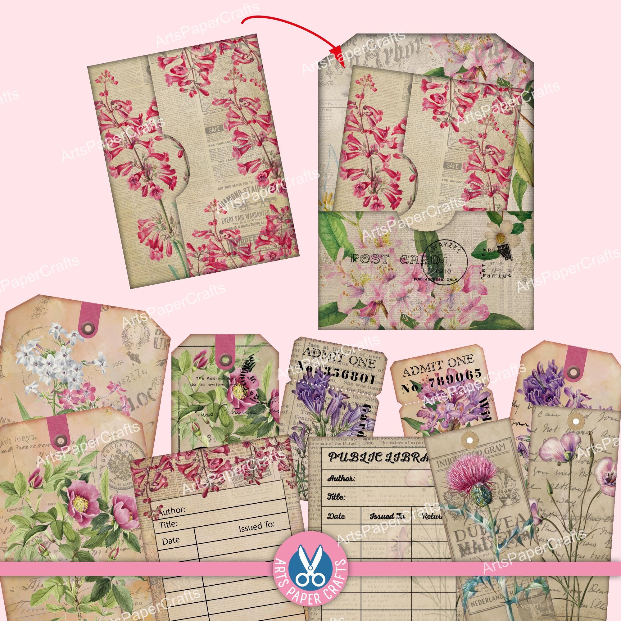 Pocket Tags - Junk Journal Kit - Shabby Floral Folio Pocket - Wild ...
