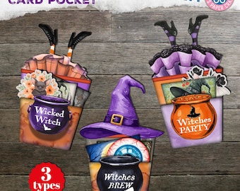 Witch Party Card Pockets, Loaded Tags, Halloween Junk Journal Kit, Ideas, Gift, Printable, Digital Download, Pocket Tags, Spooky, Witches