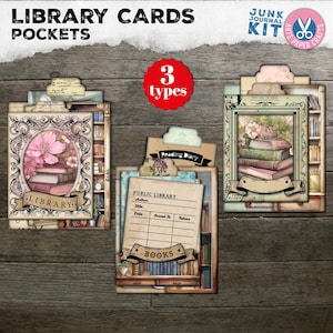 Diário de lixo, bolsos para cartão de biblioteca, pasta com abas, cartão de biblioteca surrado, rosas rosa, papel, kit digital de artesanato, para impressão, bolso vintage carregado