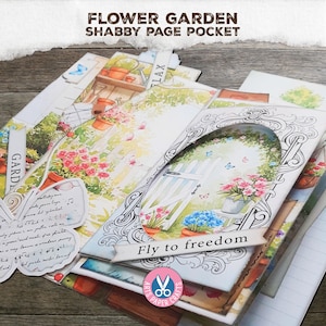 Flower Garden Junk Journal, Shabby Page Pocket, Journal Toppers, Layered, Pink, Chic, Printable, Scrapbook, Digital Kit, Download Tab Folder