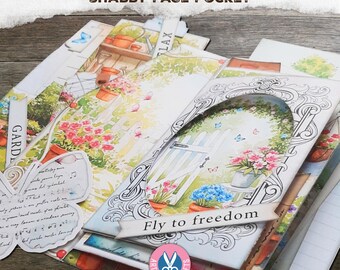 Flower Garden Junk Journal, Shabby Page Pocket, Journal Toppers, Layered, Pink, Chic, Printable, Scrapbook, Digital Kit, Download Tab Folder