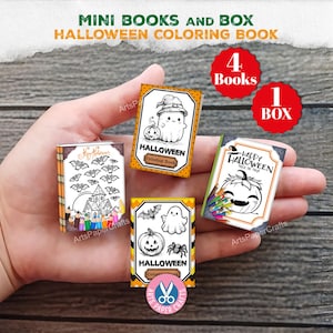 May include: A set of four miniature Halloween coloring books featuring black and white illustrations of ghosts, pumpkins, bats, and haunted houses. The covers display text including Halloween Coloring Book and Happy Halloween Trick or Treat.