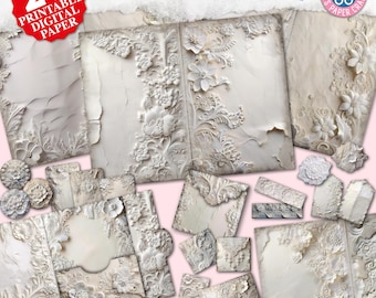 Lace Junk Journal - afdrukbare antieke pagina's - Lace Digital Journal - bruiloft plakboek - Lace achtergrond - beige ephemera collage - tag