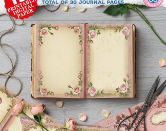 Shabby Chic Vintage Digital Papers, Pink, Roses Collage Sheets, Printable Journal Kit, Pink Roses Junk Journal Pages, Lined & Blank, Neutral