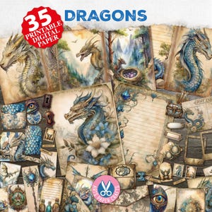 Dragons Beyond Junk Journal Kit, afdrukbare fantasiecollage, kortstondige, map, vintage, pocketlabels, enveloppen, ansichtkaarten, stempel, woorden