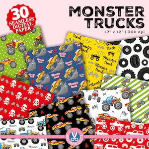Monstertruck Nahtloses digitales Papier - Monstertruck Hintergrund - Monstertruck Scrapbook Papiere - Monstertruck Party - Instant Download