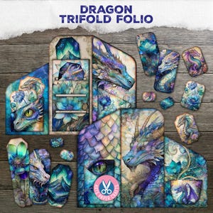 Kit para Diário de Recortes com Tema de Dragão, Imprimível, Recortes, Pasta, Azul, Download Digital, Estilo Shabby Chic, Mágico, Colagem de Fantasia