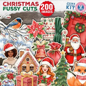 Christmas Fussy Cut, Christmas Junk Journal Kit, Vintage, Printable Sticker, Santa, Card, Cricut, Digital Download, Woodland, Gift