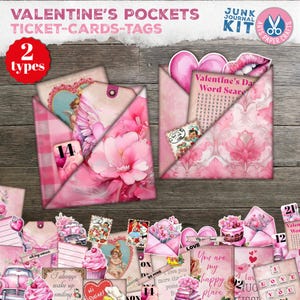 Valentijnskaartjes - zaktags geladen tag dagboek invoegen - bloemenversiering afdrukbare ephemera, junk tijdschriftvoorraad, ATC pietluttige snits