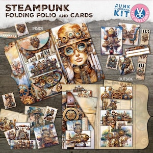 Steampunk Folding Folio Booklet, digitaler Download, Steampunk Trifold, sofortiger Download zum Selbstdrucken, Vintage Ephemera, Junk Journal, Craft Kit