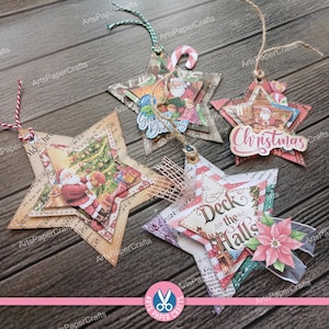 Etichette a forma di stella di Natale, kit per diario natalizio, stampabili, etichette natalizie cariche, download digitale, regalo, Natale vintage, download immagine 3