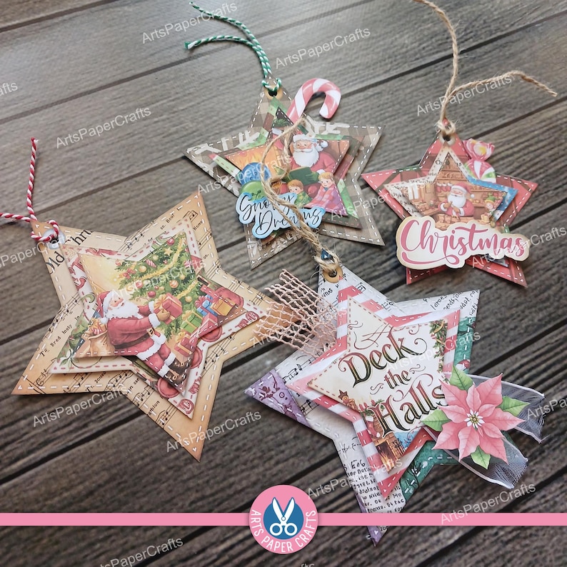 Etichette a forma di stella di Natale, kit per diario natalizio, stampabili, etichette natalizie cariche, download digitale, regalo, Natale vintage, download immagine 3