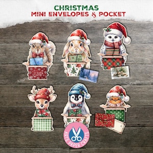 May include: A set of six die-cut paper Christmas mini envelopes and pockets featuring illustrations of a squirrel, rabbit, owl, deer, penguin, and bird, each wearing a Santa hat and holding wrapped gifts with festive patterns.