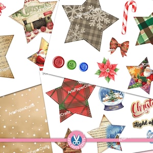 Etichette a forma di stella di Natale, kit per diario natalizio, stampabili, etichette natalizie cariche, download digitale, regalo, Natale vintage, download immagine 5