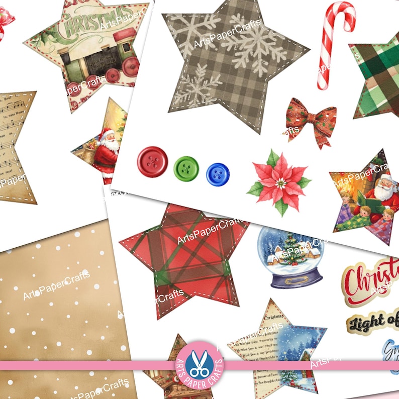 Etichette a forma di stella di Natale, kit per diario natalizio, stampabili, etichette natalizie cariche, download digitale, regalo, Natale vintage, download immagine 5