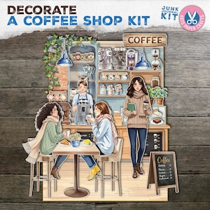May include: A papercraft kit titled "Decorate a Coffee Shop Kit." The image shows a detailed illustration of a coffee shop scene with customers, baristas, and coffee-making equipment. The kit includes a chalkboard menu and the word "Coffee."