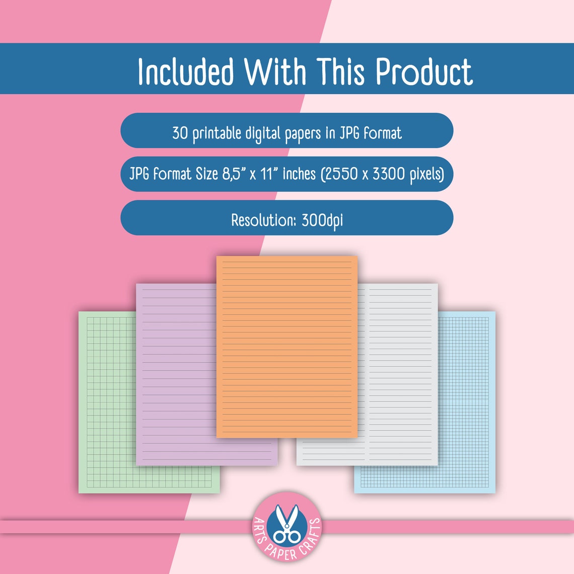 100 Notebook Papers - 5 Different Papers 20 Colors Each Digital Papers ...