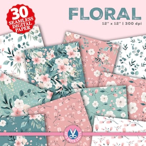 Ensembles de papier numérique fleurs - minable - fond floral - motif sans couture - téléchargement immédiat - papier de scrapbooking, kit de journal floral indésirable
