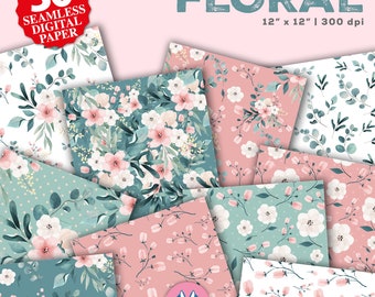 Puede incluir: Un conjunto de 30 papeles digitales con patrones florales en tonos rosa, blanco y verde. Los papeles miden 30,48 cm por 30,48 cm y 300 dpi.