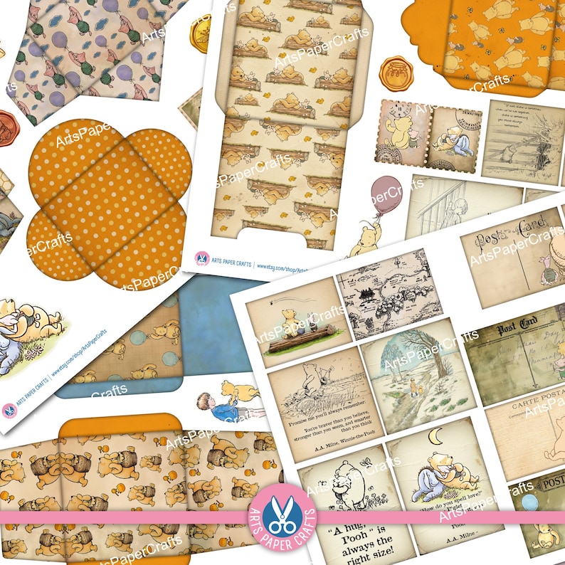Winnie The Pooh, Mini Envelopes, Junk Journal, Shabby, Letters, Embellishments, Stamp, Digital Download, Illustrations, Printable, Postcards image 5