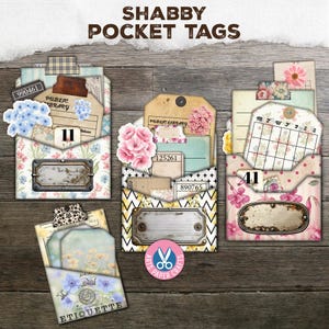Junk Journal, Flowers Pocket Tags, Library Card Pockets, Tab Folder, Paper, Craft Digital Kit, Vintage Loaded Pocket, Printable Ephemera