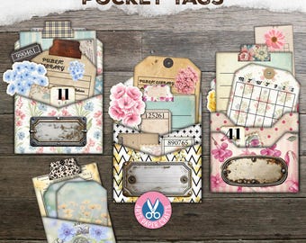 Junk Journal, Flowers Pocket Tags, Library Card Pockets, Tab Folder, Paper, Craft Digital Kit, Vintage Loaded Pocket, Printable Ephemera