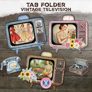 Card Pockets, Tab Folder, Shabby Tv Pocket Journal Kit, Vintage, Gift, Flower Fussy Cuts, Digital Download, Travel, Loaded Tags, Card, Retro