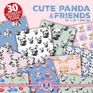 Papel digital con un lindo panda y sus amigos - Fiesta temática de un lindo panda - Fondo de un lindo panda - Patrón sin costuras de panda - Animales lindos - Uso comercial