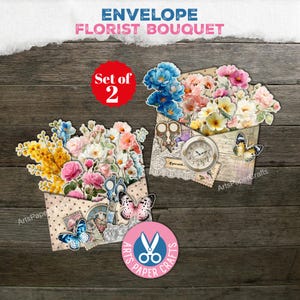 May include: Two paper envelope florist bouquets with colorful flowers, butterflies, and scissors. The envelopes have a vintage design with a clock and postage stamps. The text reads "ENVELOPE FLORIST BOUQUET" and "Set of 2".