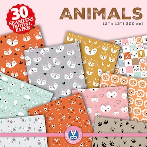 Animals Digital Papers Set - Animals Background - Cute Animals Seamless Pattern - Instant Download - Jungle Scrapbook Paper