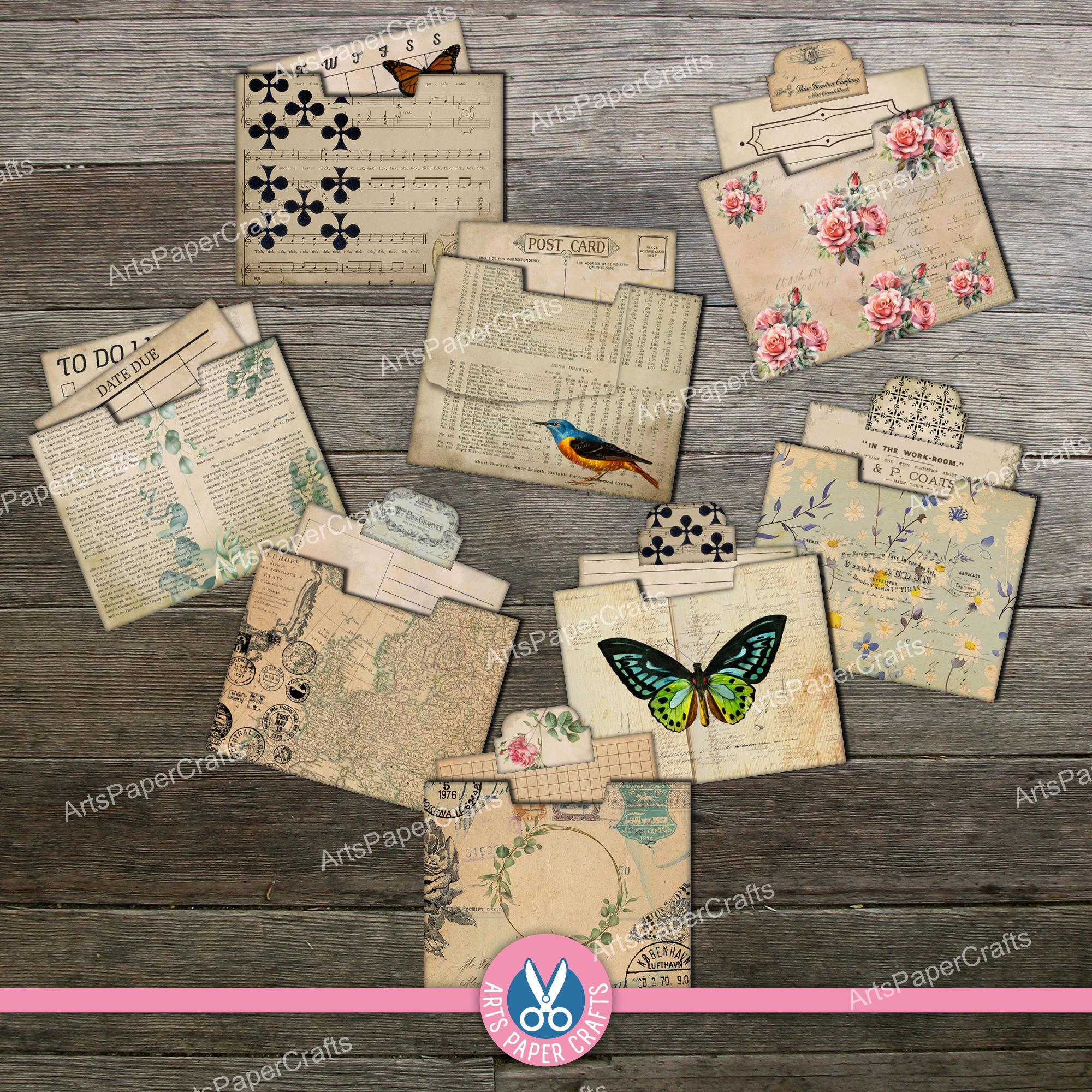 Mini File Folders, Butterfly, Rose Birds, Vintage Junk Journal Kit ...