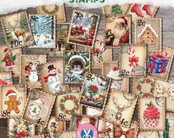 Junk Journal, Christmas Stamp, Ornament, Gift, December Daily, Printable, Digital Download, Faux, Letter to Santa, Card, Sticker, Craft