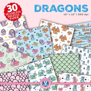 Drachen Digitale Papiere Set - Drache Hintergrund - Süßer Drache Muster - Instant Download - Drache Scrapbook Papier