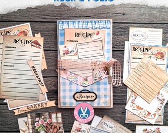 Junk Journal, Shabby Chic Digital Recipe Folio, Tab Folder, Recipe Cards, Blue, Pocket Tags, Digital Download, Printable, Ephemera, Pink
