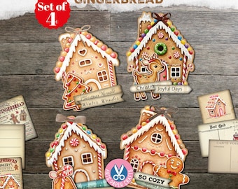 May include: A set of four gingerbread house-shaped paper tags featuring colorful candy decorations, icing details, and festive text banners. The tags include illustrations of a reindeer, a gingerbread person, and a Christmas tree, with additional small cards.