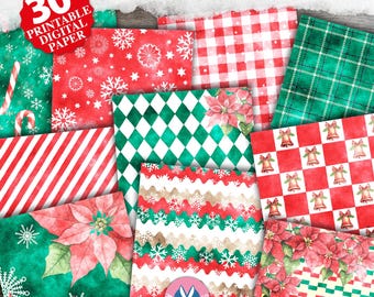 May include: A collection of 30 printable digital paper sheets featuring watercolor Christmas patterns including red and green plaid, candy cane stripes, poinsettias, snowflakes, and bells. The text 30 PRINTABLE DIGITAL PAPER is visible.