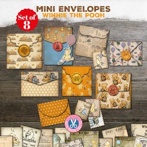 Winnie l'ourson, mini enveloppes, journal indésirable, minable, lettres, embellissements, timbre, téléchargement numérique, illustrations, imprimable, cartes postales