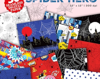 スパイダーヒーローデジタルペーパーセット、スパイダーヒーローの背景、スパイダーシームレスパターン、即時ダウンロード、ヒーロースクラップブック用紙