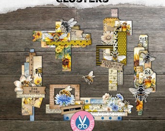 Biene Ephemera Clusters, Printable Kit, Junk Journal, Fussy Schnitte, Ornament, Geschenk, Blume, Digital Download, Tags, Honigbiene, Worte, Karten