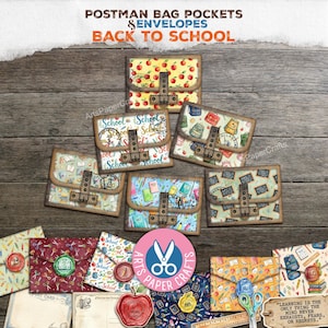 May include: A collection of postman bag pockets and envelopes featuring school-themed patterns like apples, backpacks, and stationery. The items include various prints, faux buckle closures, and wax seal designs with the text POSTMAN BAG POCKETS AND ENVELOPES BACK TO SCHOOL.