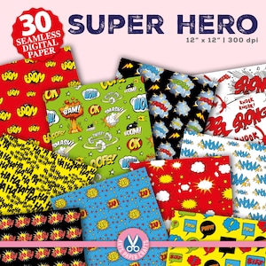 Superheld Digitale Papiere - Comics Mottoparty - Held Comics Hintergrund - Nahtloses Muster - Sofortiger Download - Superhelden - Farben Papier