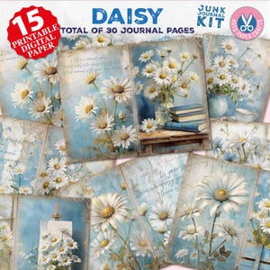 Madeliefjes ongewenste dagboekpagina's, decoupagepapier, plakboek, afdrukbaar, Daisy Days, bloemenhuisje, digitale download, Cottage Garden, lente