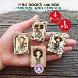 May include: A set of four miniature books featuring cowboy and cowgirl illustrations. Each book cover displays a cartoon character in a hat with animals like horses, chickens, or sheep. The set includes one box, and the covers feature text labels like Wild West and Cowboys.