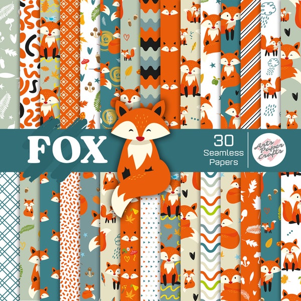 Fox Digital Papers Set - Orange Green Background - Fox Seamless Pattern - Instant Download - Autumn Scrapbook Paper