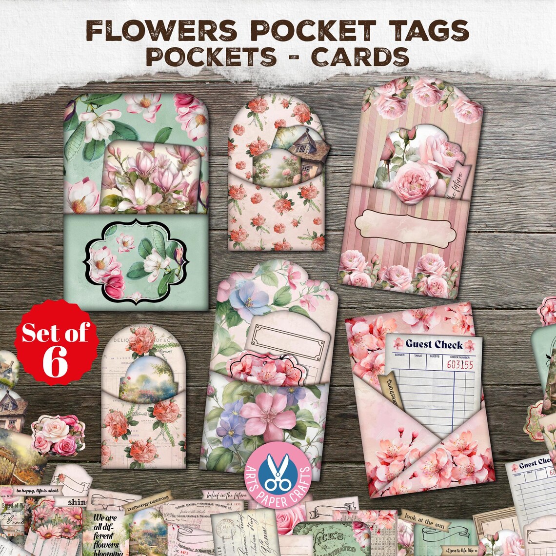 Pocket Tags, Vintage Roses Junk Journal Kit, Printable Ephemera ...